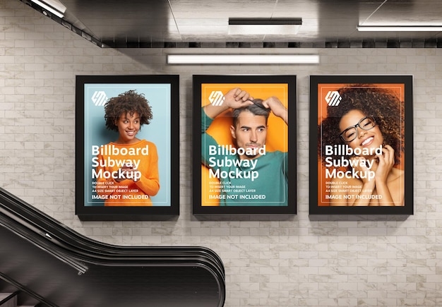 Three vertical billboards in subway station mockup