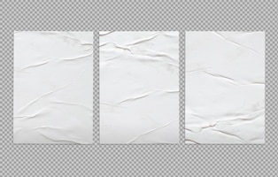 three white glued posters on transparent background