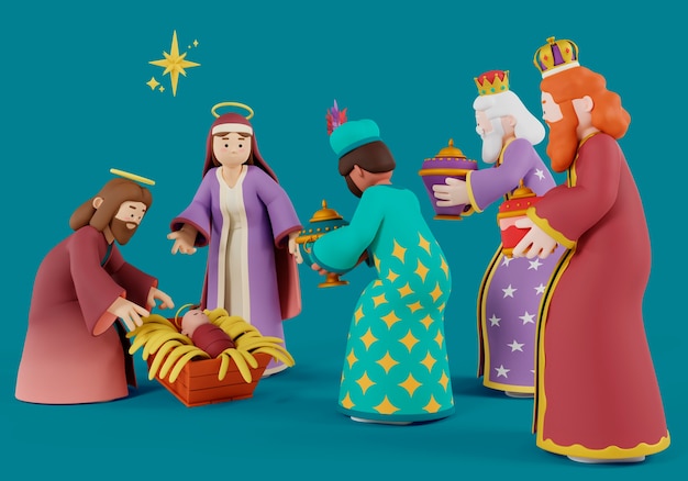 Three wise men coming with presents for baby jesus