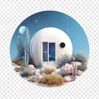 Free PSD tiny round house in pastel colors among plants isolated on transparent background