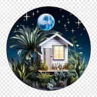 Free PSD tiny round house in pastel colors among plants isolated on transparent background