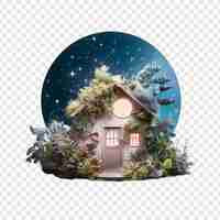 Free PSD tiny round house in pastel colors among plants isolated on transparent background