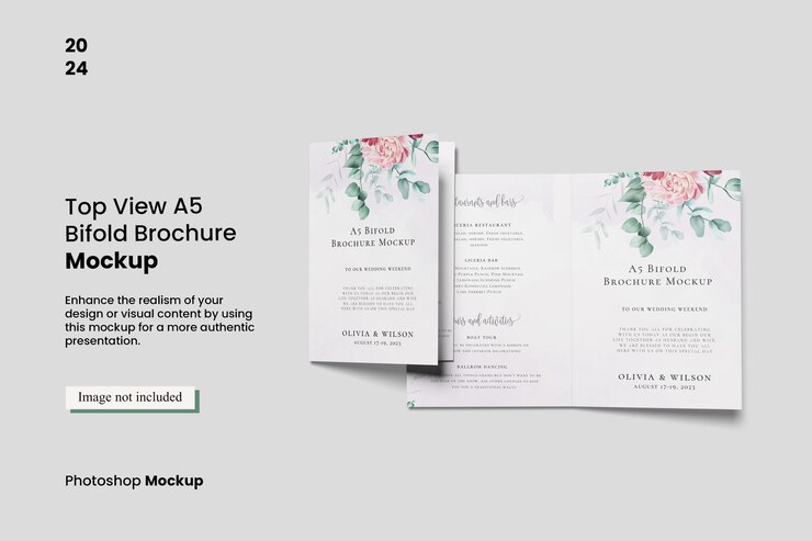 Free PSD top view a5 bifold brochure mockup for showcasing your design to clients