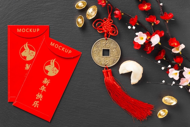 Top view chinese new year 2021 with envelopes mock-up