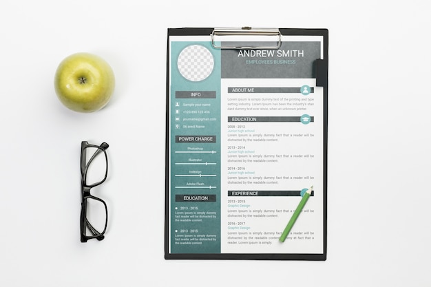 Top view clipboard with curriculum vitae