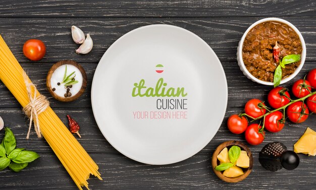 Top view italian food on wooden background