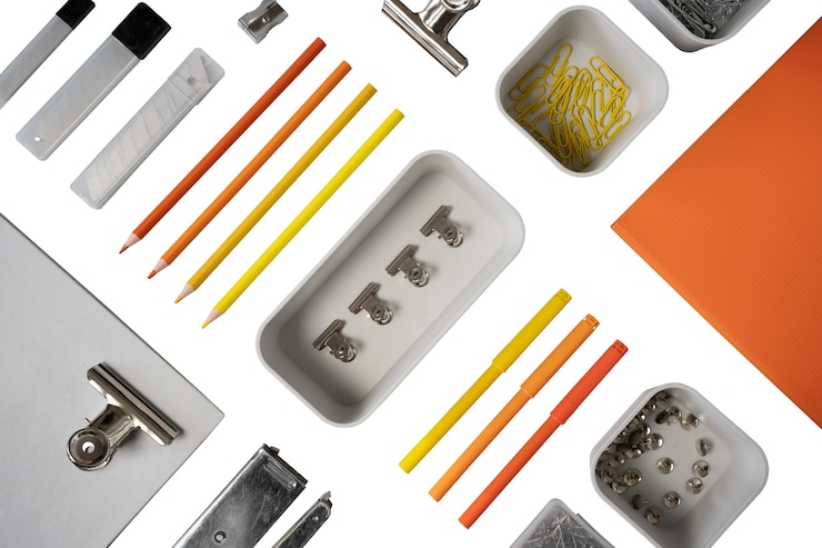 Free PSD top view on office supplies isolated