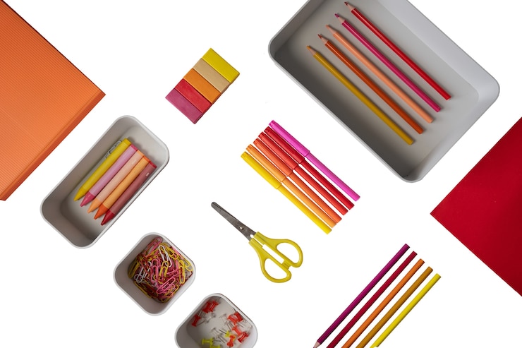 Free PSD top view on office supplies isolated