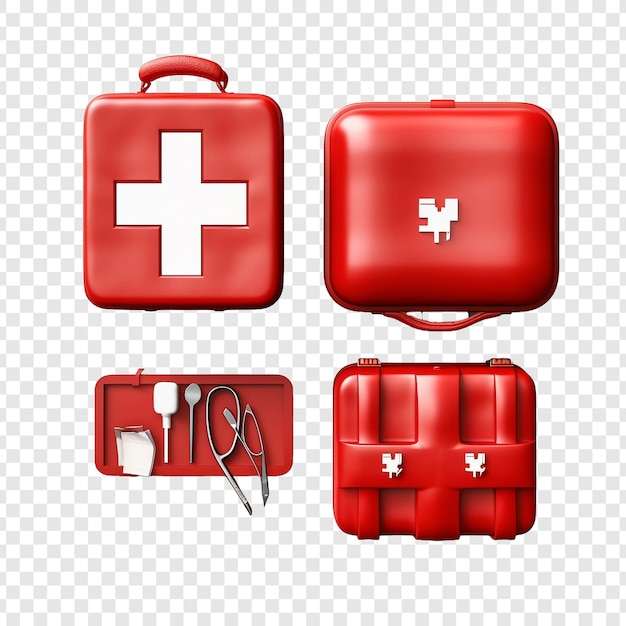 Top view of red first aid kit isolated on transparent background