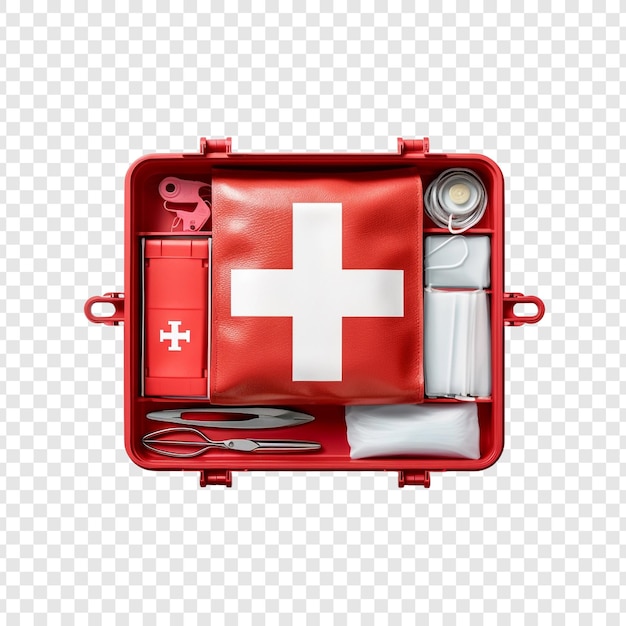 Free PSD top view of red first aid kit isolated on transparent background