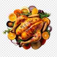 Free PSD top view of roasted chicken oranges and vegetables isolated on transparent background