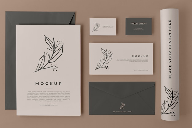 Top view on stationery kit mockup