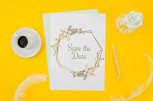 Download Free Psd Top View Wedding Invitation Mock Up On Yellow Background PSD Mockup Templates
