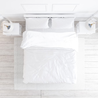 Top view of white bedroom mockup with decorative elements