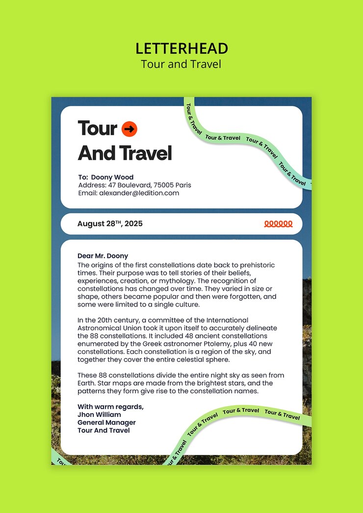 मुफ़्त PSD tour and travel letterhead with constellation information
