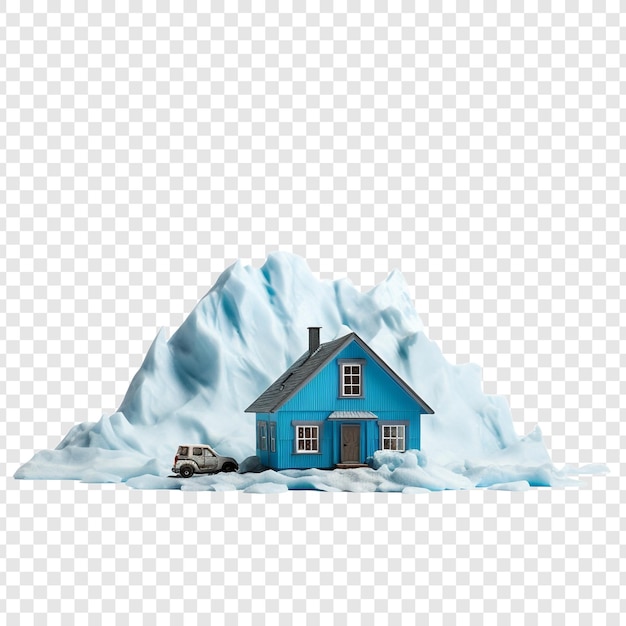 A toy house on a glacier with a blue roo isolated on transparent background