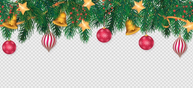 Free PSD transparent christmas background with realistic red baubles