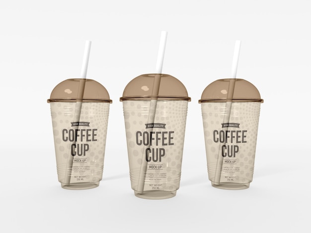 Transparent plastic coffee cup with straw mockup