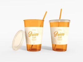 Transparent plastic juice cup with straw mockup