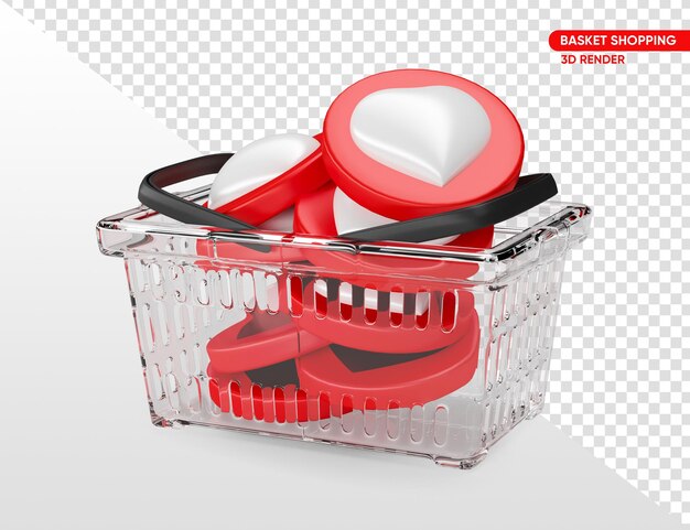 Transparent supermarket basket with heart in 3d render with transparent background