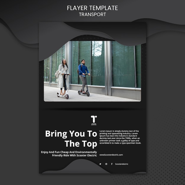 Transportation flyer template with people riding scooter in the city