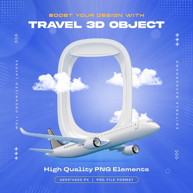 Visione della finestra dell'aereo dell'oggetto di viaggio 3d illustrazione isolata