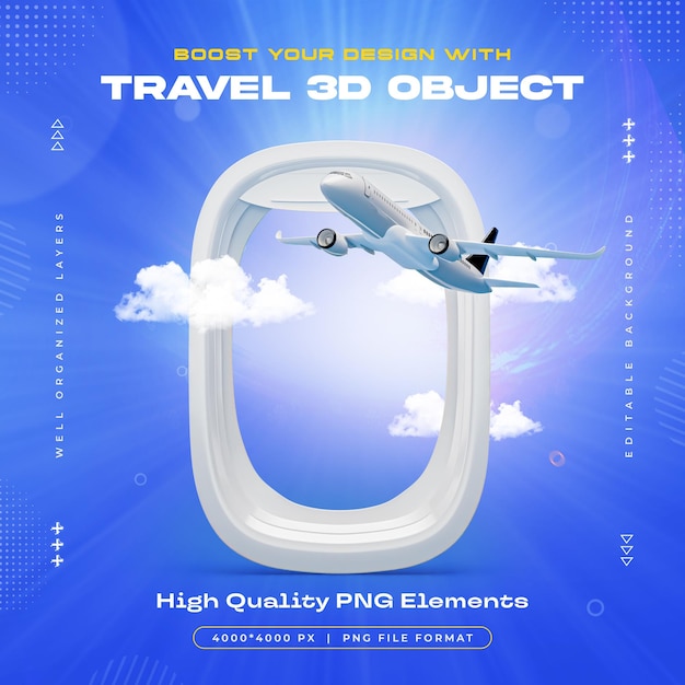 Бесплатный PSD Изолированная иллюстрация 3d-объекта путешествия с видом окна самолета