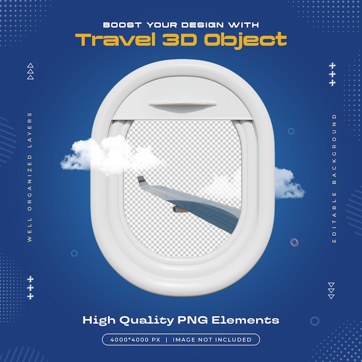 Free PSD travel 3d object airplane window views isolated illustration