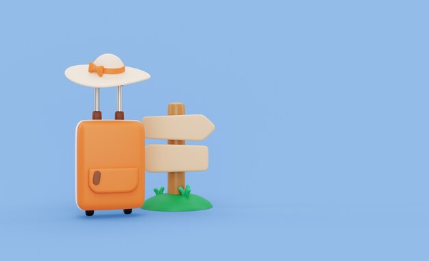 Travel background composition with hat on baggage