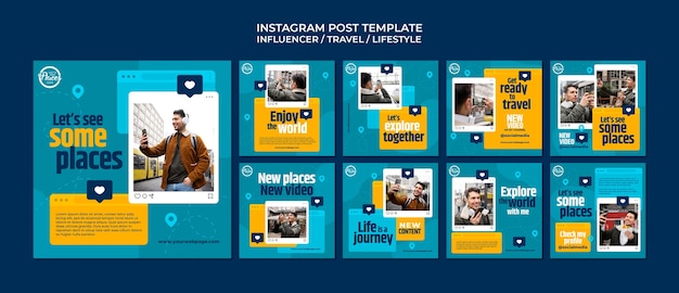 PSD gratuito raccolta di post di instagram di influencer dei media di viaggio