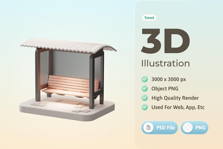 Free PSD travel object bus stop 3d illustration