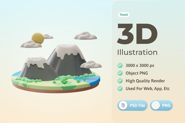 PSD gratuito illustrazione 3d della montagna dell'oggetto di viaggio