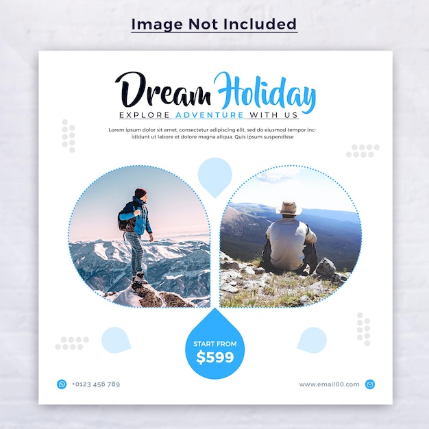 Travel social media post banner template for tour holiday vacation instagram post square flyer