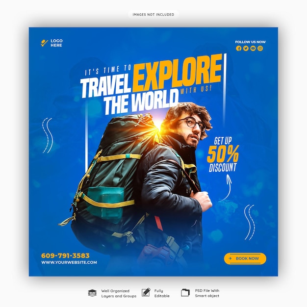 Free PSD travel and tourism instagram post or social media post template