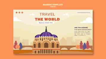 Free PSD travel the world horizontal banner template with landmarks