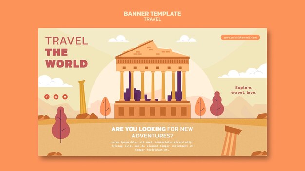 Free PSD travel the world horizontal banner template with landmarks