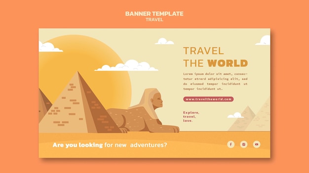 Free PSD travel the world horizontal banner template with landmarks