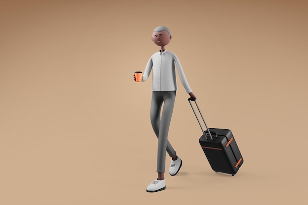 Uomo del viaggiatore che trascina i bagagli e tiene il caffè caldo mentre cammina su sfondo isolato concetto di viaggio e vacanza 3d rende il personaggio dei cartoni animati