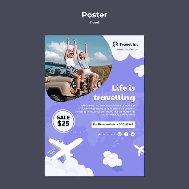 PSD gratuito modello di poster di viaggio con piccoli aerei