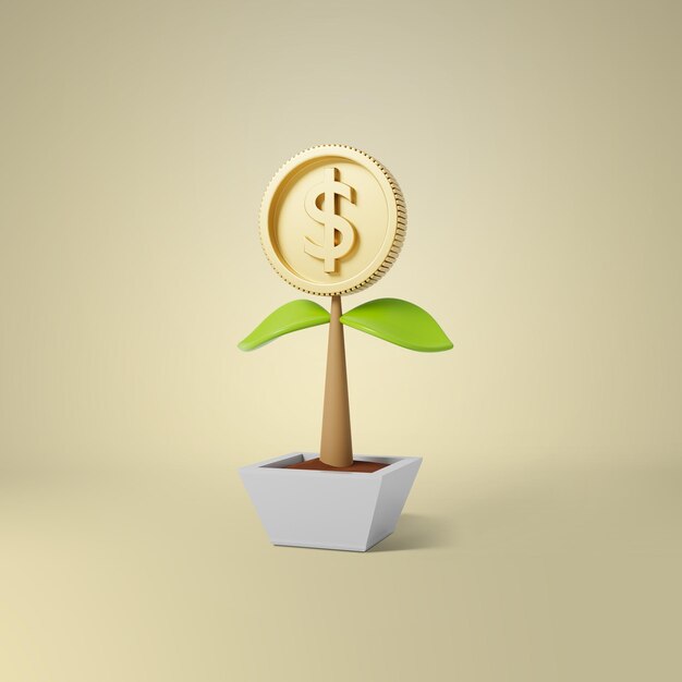 Дерево с монетным цветком прорастает рост денег, успех инвестиций