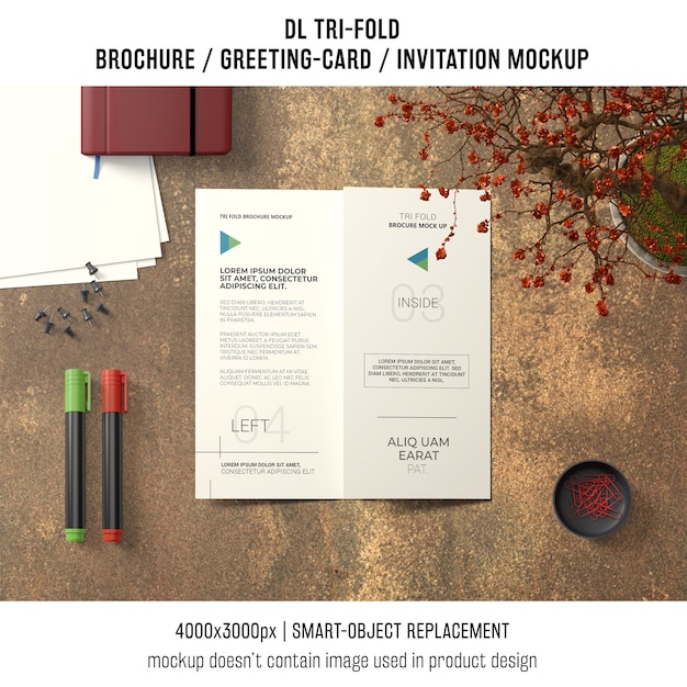 Trifold brochure or invitation mockup still life concept