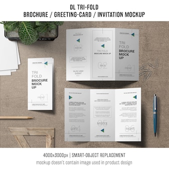 Trifold brochure or invitation mockup still life concept