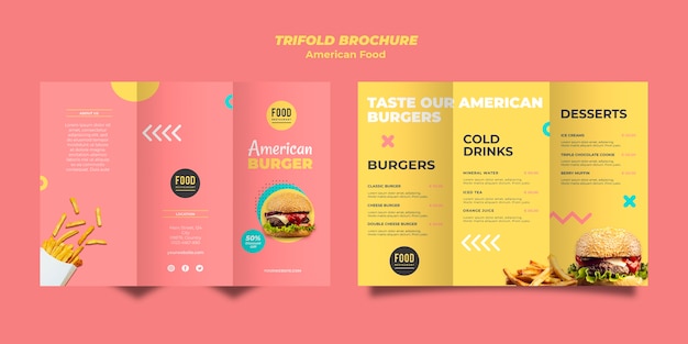 PSD gratuito modello di brochure a tre ante per cibo americano con hamburger