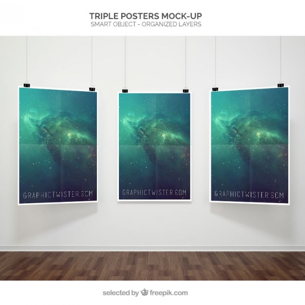 Free Triple Poster Mockup PSD Template – Realistic 3D Display for Your Gallery