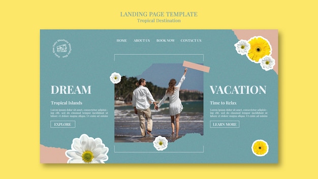 Tropical destination landing page template cut out style with flowers
