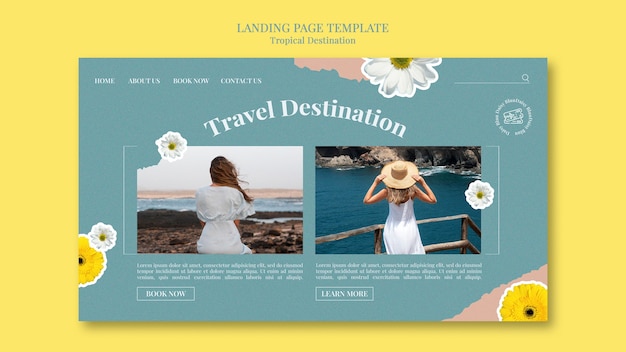 Free PSD tropical destination landing page template cut out style with flowers