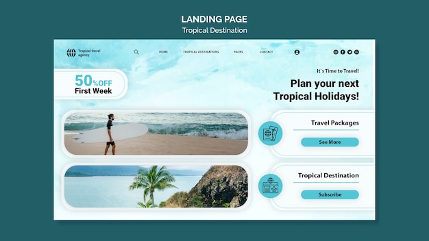 PSD gratuito design del modello di pagina di destinazione di destinazione tropicale