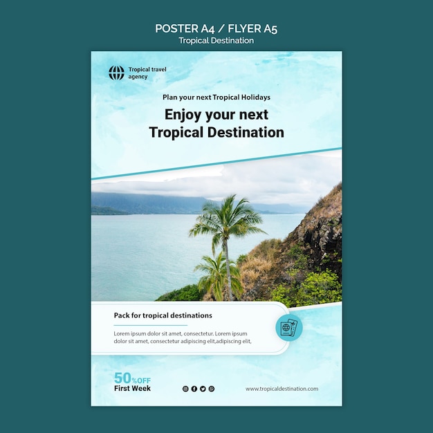 PSD gratuito design del modello di poster di destinazione tropicale