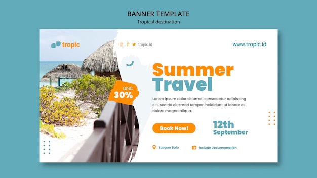 Modello di modello di banner orizzontale di viaggio di destinazione tropicale