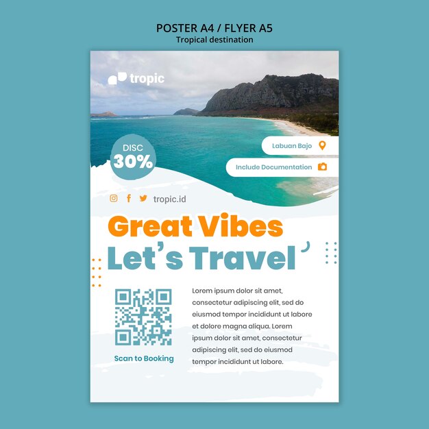 Tropical destination travel vertical poster template